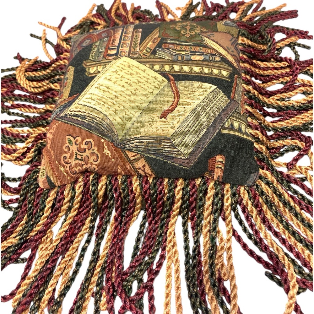 Vintage Tapestry throw pillow braided tassels library books